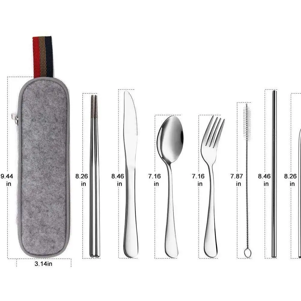 

With bag 7Pcs Dinnerware Set Travel Cutlery Set Reusable Accessory With Spoon Fork Metal Silverware Kitchen Chopsticks Stra L5R2