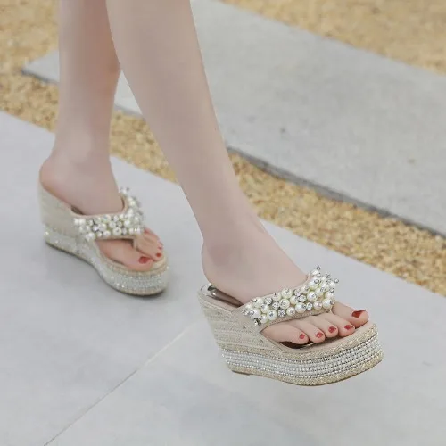 

Female Shoes Slippers Soft Low String Bead Women Heels Slides Rubber Flip Flops Platform On A Wedge 2021 Comfort High Hawaiian