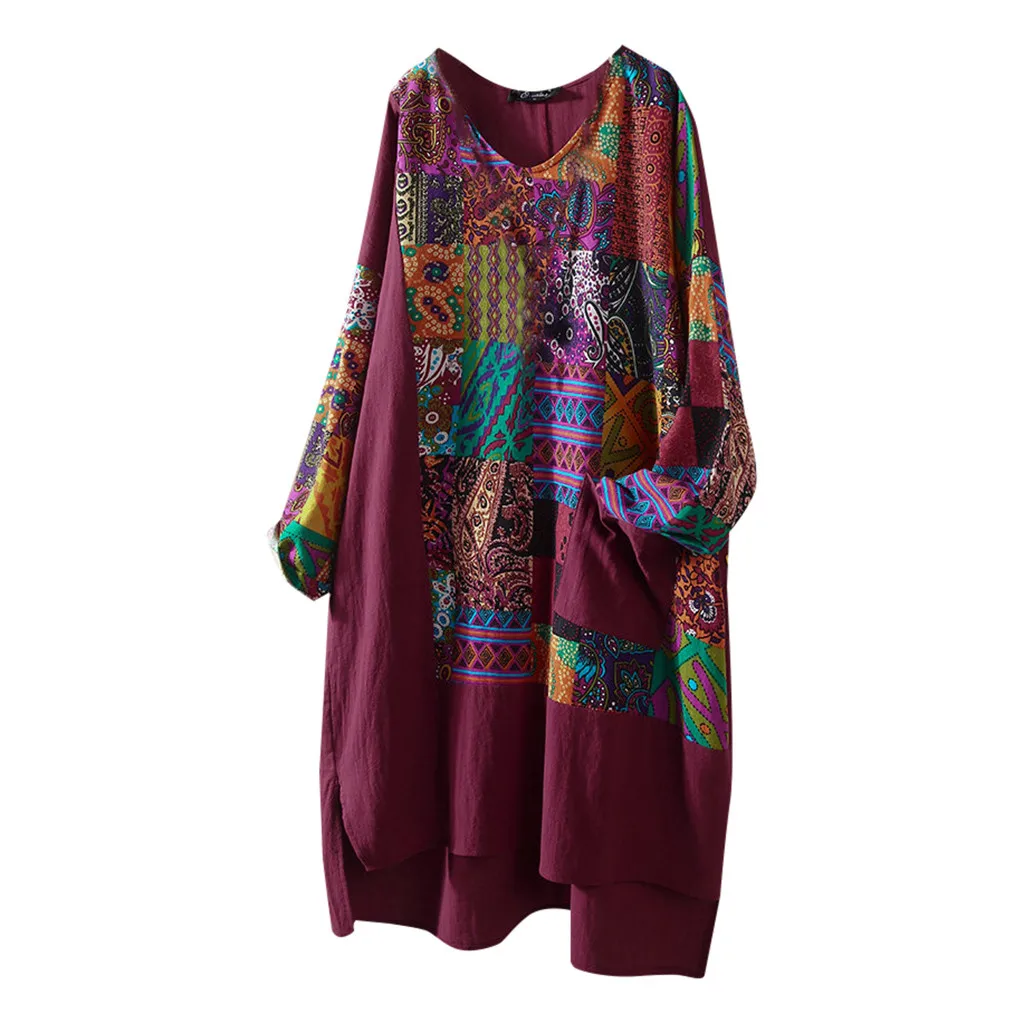 Блузка женская размера плюс с длинным рукавом Модная хлопковая льняная туника