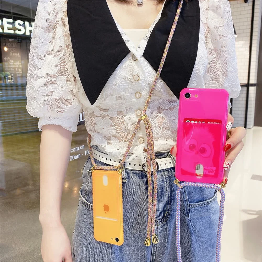 

Fluorescence Phone Case for iPhone XS 11 Pro Max XR X 7 8 6 6s SE Plus Soft Card Slot Holder Silicone Cover Cord Rope Neon Strap