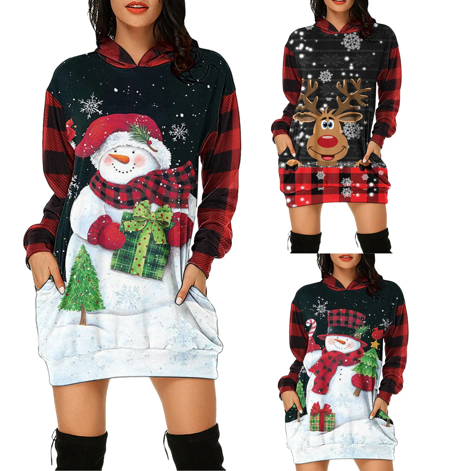 

Christmas Print Color Matching Sweater Women New Autumn and Winter 2021 Long Sleeve Sweater