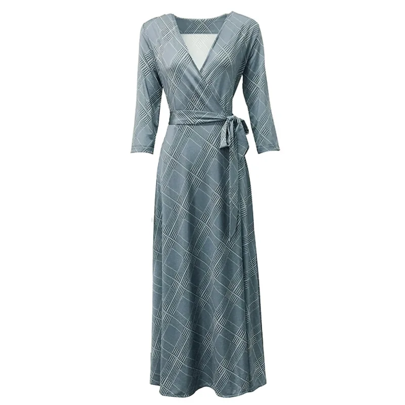 

Spring / Summer Women's Grey Plaid Wrap Dress Lace Up Long Slim Waist Dress One Piece For Women