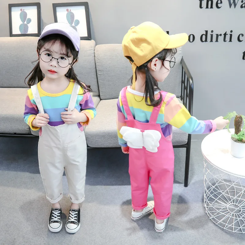 Весенние комплекты для девочек костюм с подтяжками одежда маленьких Радужная