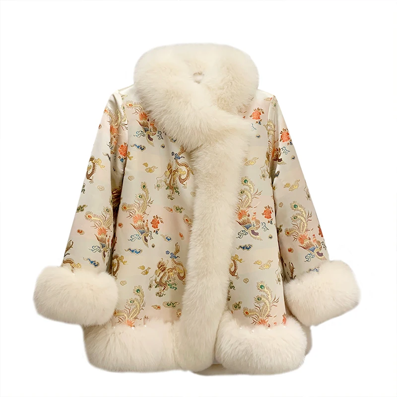 

New Chinese style fur cape court lady satin medium length fox fur Tang jacket