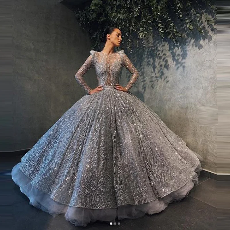 

Pretty Grey Formal Dresses Sequin Saudi Arabic Prom Evening Gowns Ball Gown Sheer Illusion Sleeve abiye gece elbisesi
