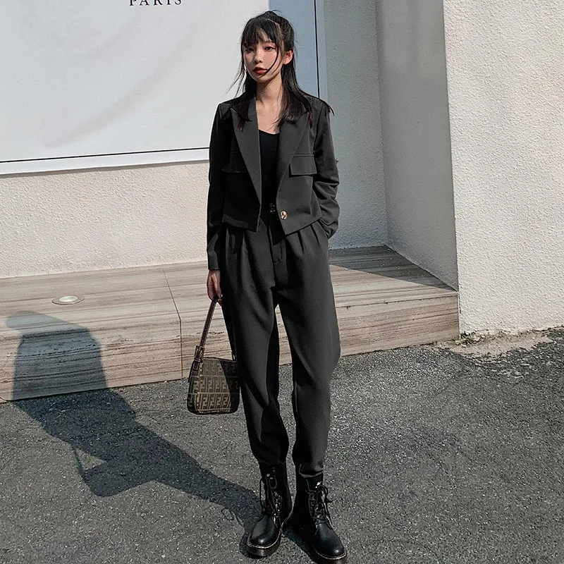 

Sale Women Set Trousers Elegant Clorhes Autumn Winter Fashion Casual Work Short Jacket Suit 2 Two Piece Set Top And Pants