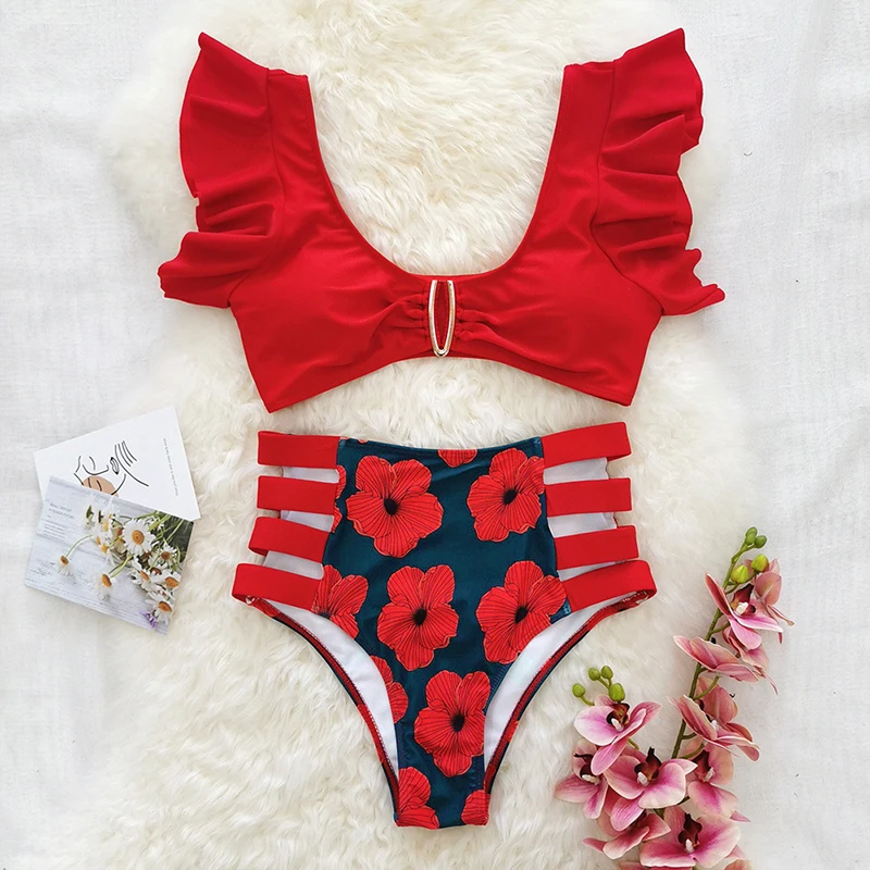 Женский комплект бикини с цветочным принтом оборками и завышенной