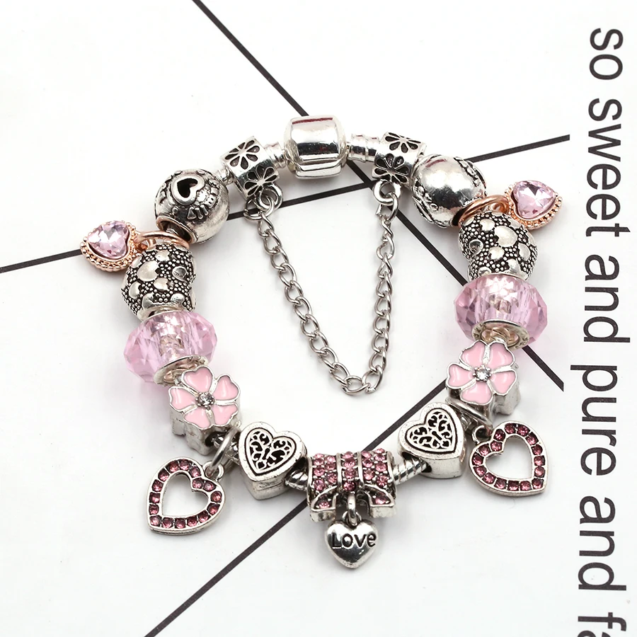 BuipoeyNew Fashion Rose Gold Love Bow Pendant Beaded Pink Crystal Beads Small Daisies Bracelet Bangle Female | Украшения и