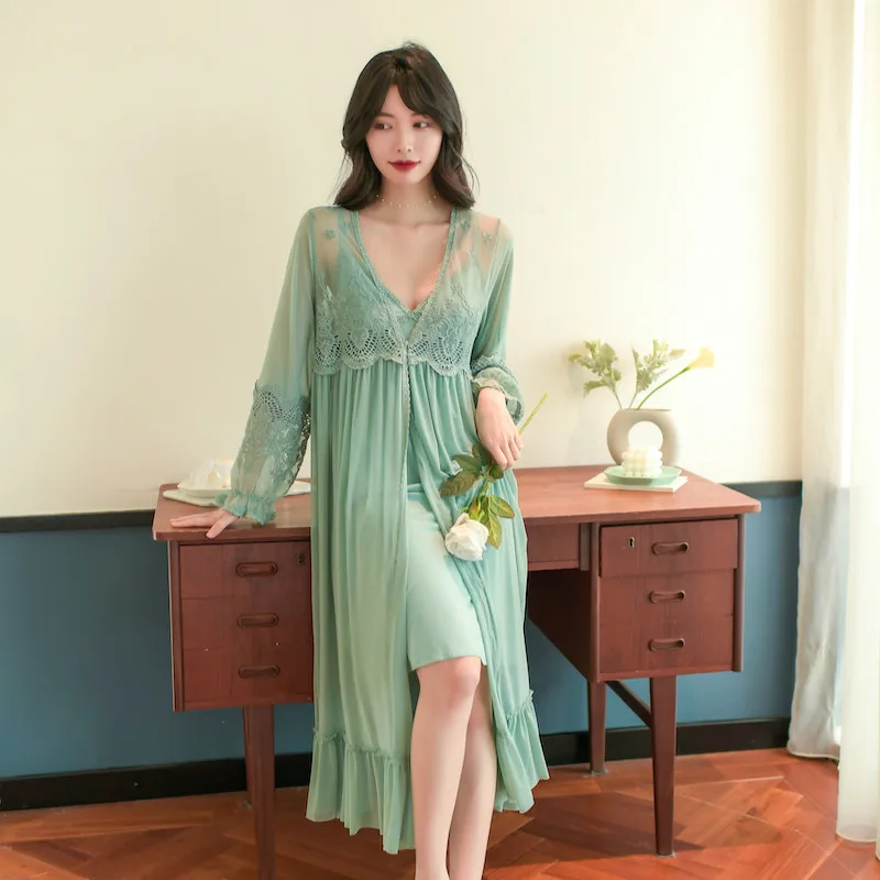 

Sexy Modal Gauze Women's Robe Sets Deep V- neck Hot Ladies Lingerie Solid Color Vintage Loose Nightgowns Spring Summer