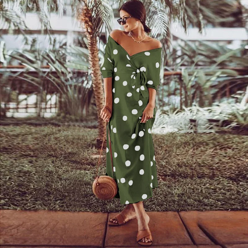 

2021 New Polka Dot Print Long-sleeved V-neck Off-the-shoulder Dress Women