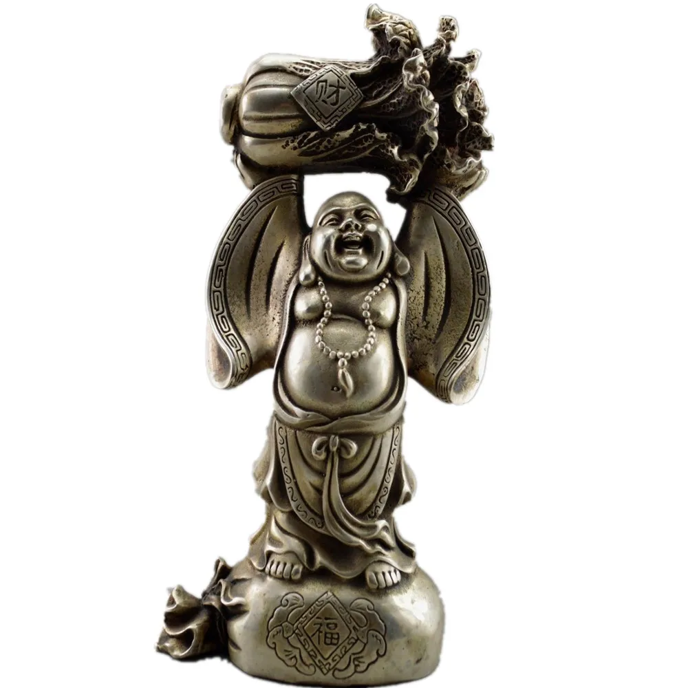 

Collectible Decorated Old Tibet Silver Carved Buddha Held Cabbage Bless Statue metal handicraft