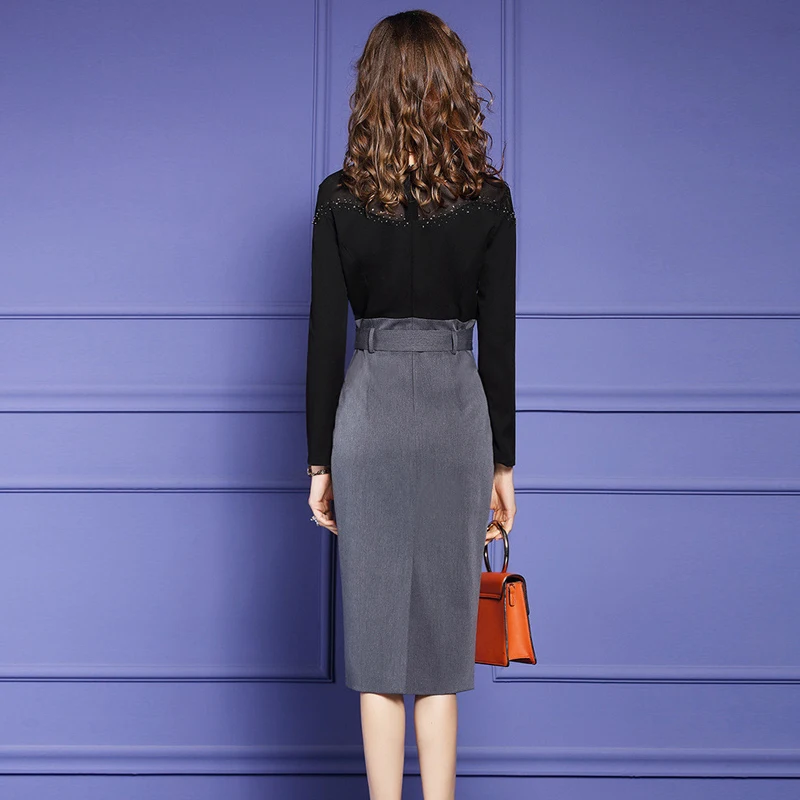 

Women Fashion Designers Spring Long Sleeve Beading Patchwork Formal OL Pencil Dress Party Robe Femme Plus Size Clothes Vestido