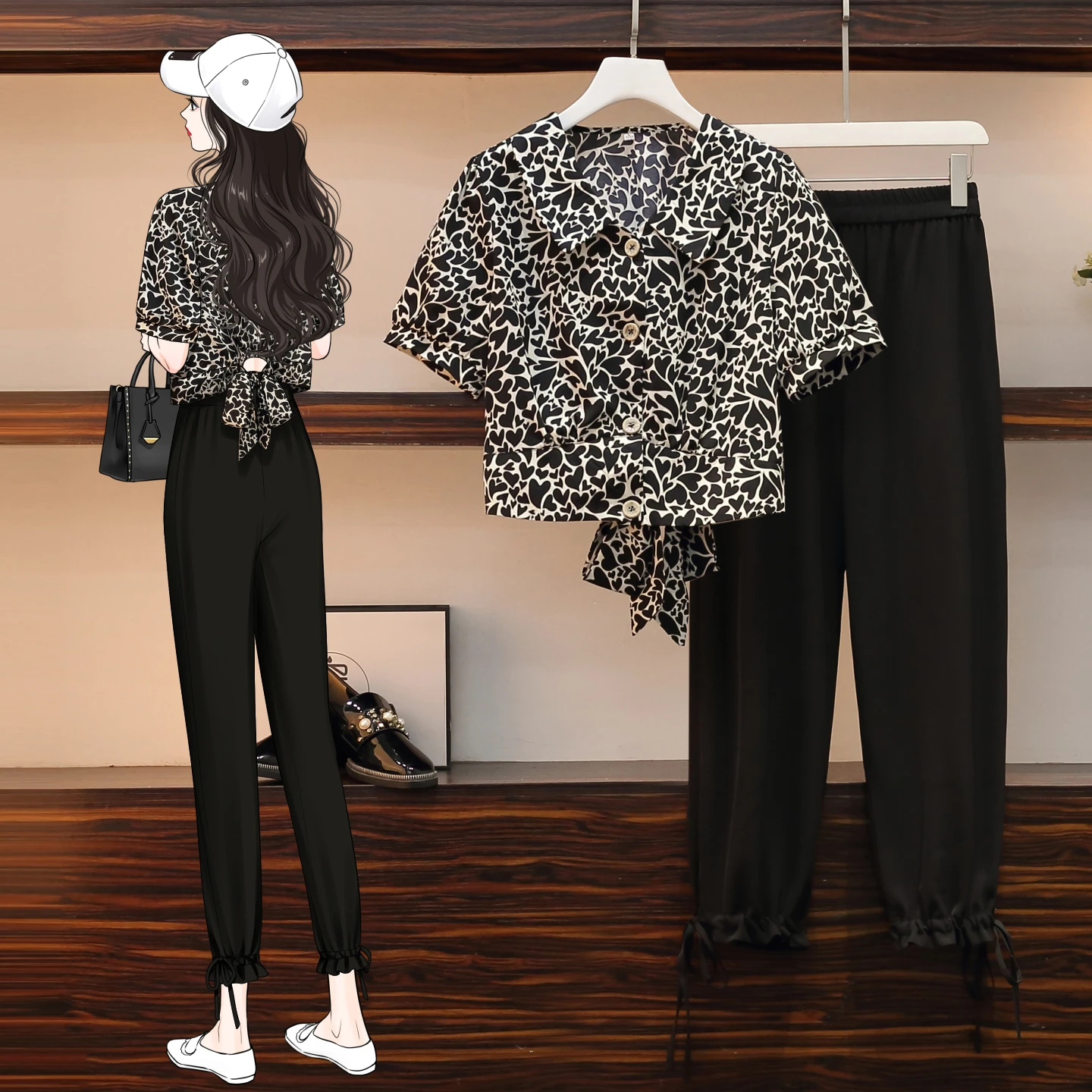 

2021 Fashion Summer Pants Suit Women Plus Size Chiffon Printed Lace Up Short Shirt + Elastic Waist Pant Sets Casual 2 Piece Set