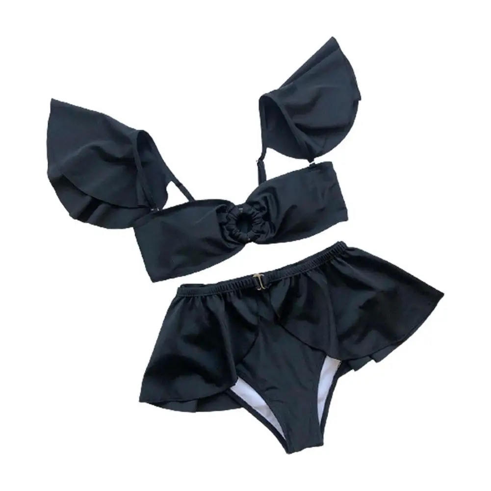 

2021 Ruffle Swimsuit Female Swimwear Women Off Shoulder Retro Bathing Suit Black Swimsuit With Skirt Sexy High Waist Bikini
