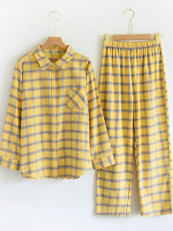 

Yellow Plaid Pajamas Kimono Japanese Yukata Cotton Flannel Spring And Autumn Men Women Cardigan Long-sleeved Home Service Suit