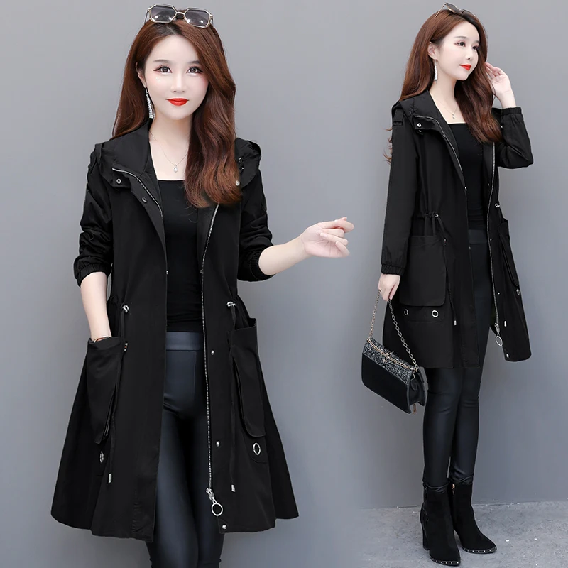 Женский модный длинный плащ Новинка весна осень тонкий с капюшоном на молнии