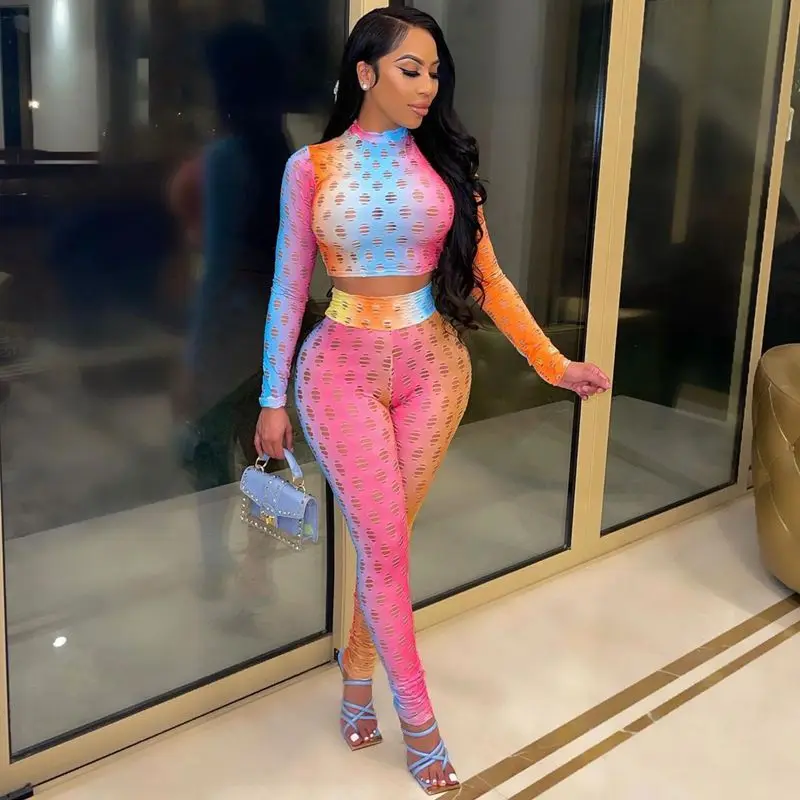 

Mesh Sheer Tie Dye Long Sleeve Crop Top Biker Trousers 2 Piece Set Fall Clothes Club Outfit Tracksuit Matching Sets