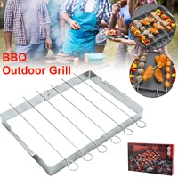 foldable stainless stee bbq skewer rack for grilling shish kabob and skewers 6pcs barbecue needle camping barbecue equipment