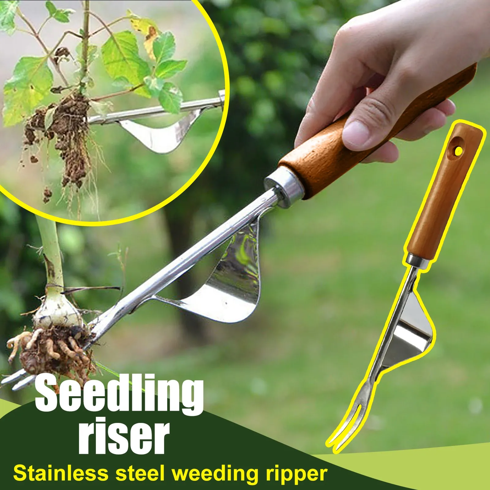 

Hand Weeder Puller Weeding Remover Fork Steel Root Extractor Wooden Handle Weeder Ripper Magnesium Aluminum Grass Digging D7