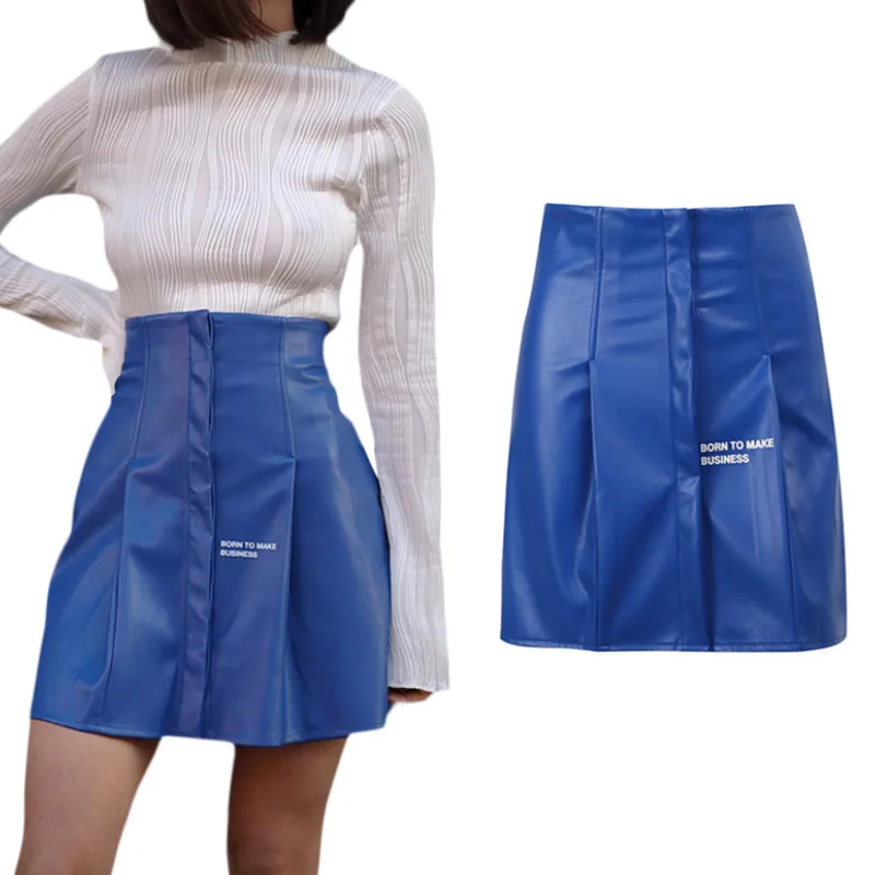 

Ladies Temperament PU Leather Bust Skirt, Girls Leisure Style Letter Printing High Waist Ruched Slim Short Hip Skirt
