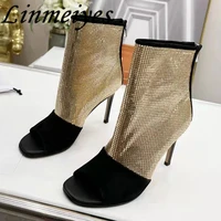 runway high heels ankle boots women gold silver metal bling bling summer boots female thin heels short boots woman party shoes