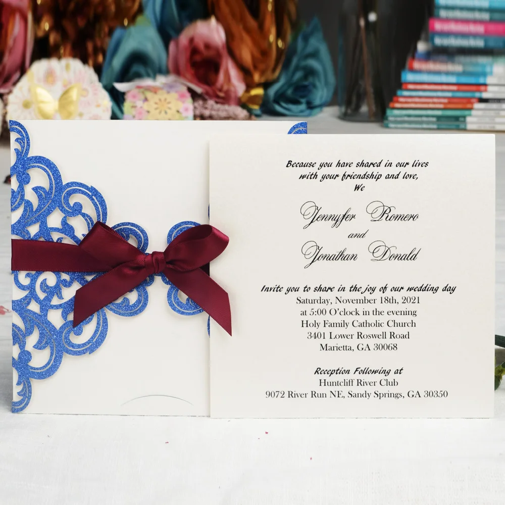100 шт блестящая лазерная резка для свадьбы Пригласительные открытки с бордовой