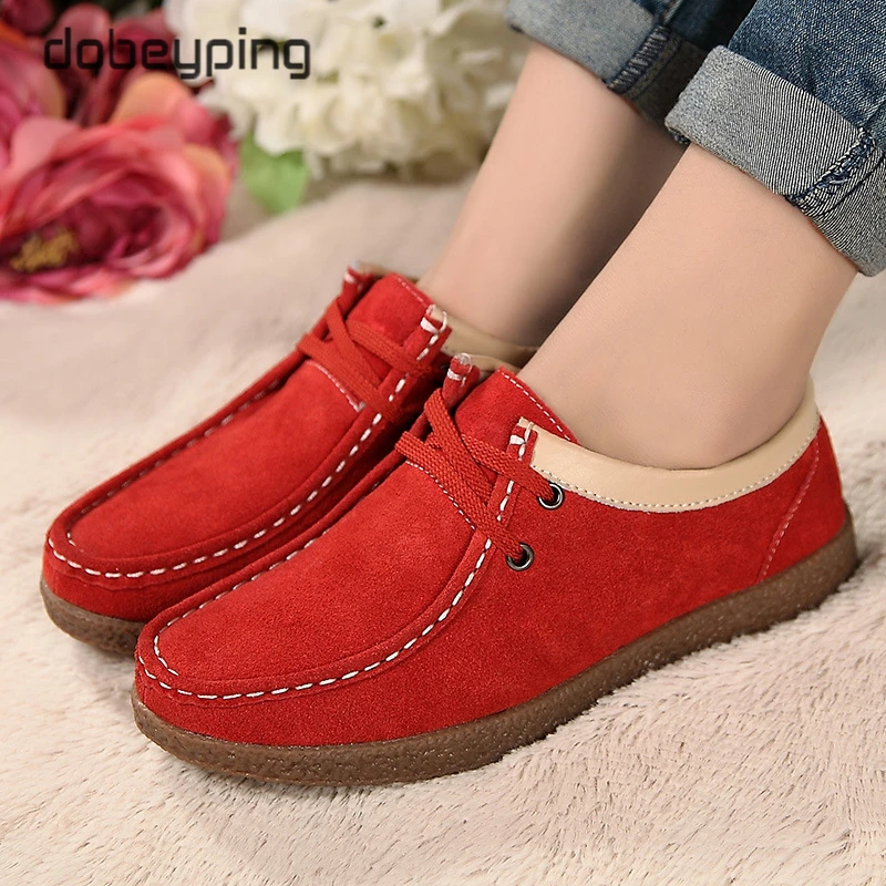 New Spring Autumn Casual Shoes Woman Cow Suede Leather Women Shoes Lace-Up Women's Loafers Moccasins Flats Soft Female Sneakers