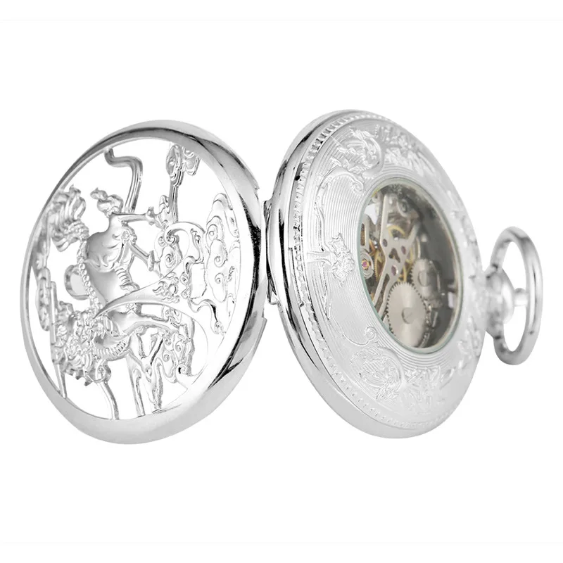

Vintage Unisex Mechanical Hand-winding Pocket Watch Silver Hollow Out Kirin Men Women Skeleton Clock with Pendant Chain Reloj