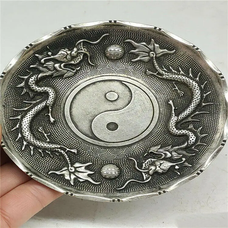 

Cupronickel Dragon Play Pearl Eight Trigrams Plate Bowl Tray Rare China Antique