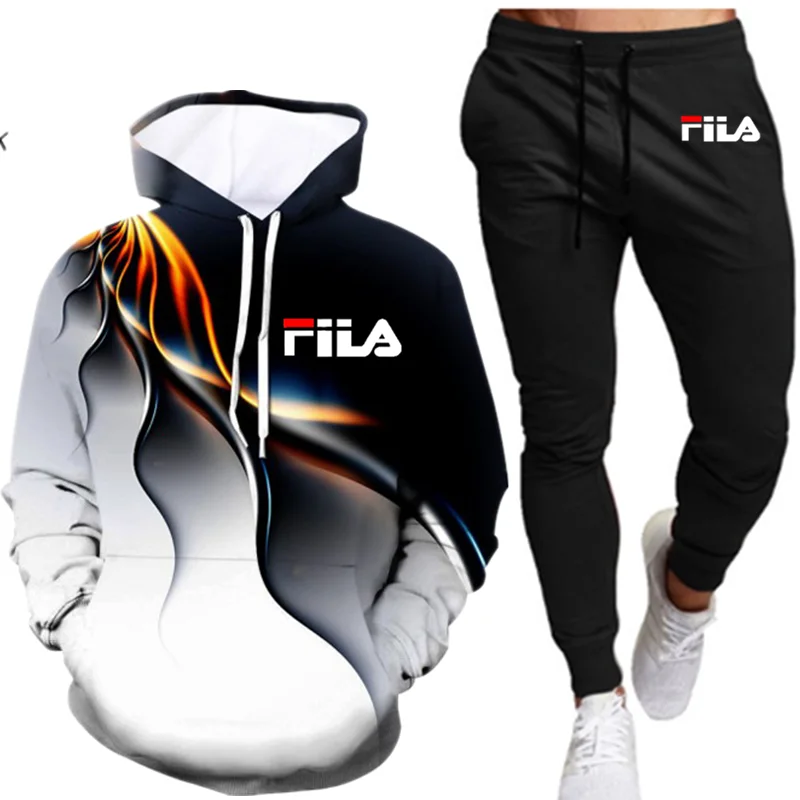 

Мужской спортивный костюм в стиле хип-хоп, черный повседневный спортивный костюм с 3D толстовкой с капюшоном и брюками, пуловер, Спортивная о...