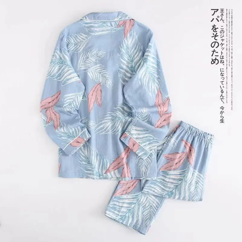 Осенняя женская пижама с принтом листьев 100% двойная газовая Хлопковая домашняя