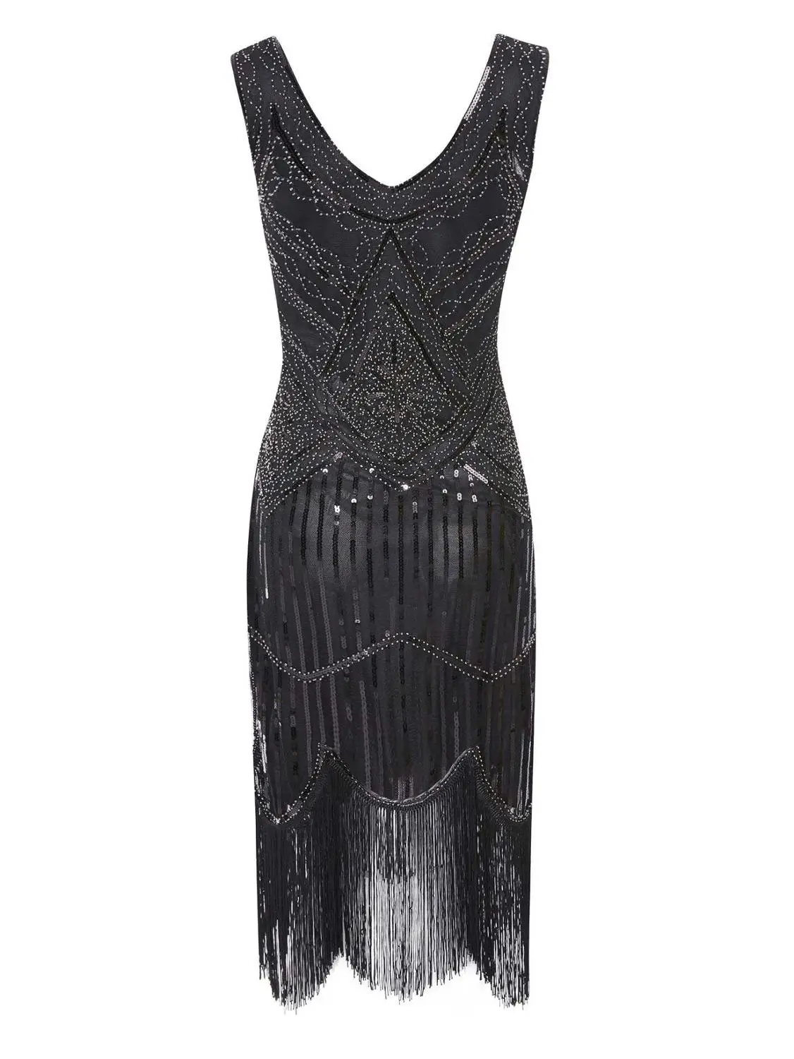 Black Silver Dress 1920s Гэтсби блесток бахромой Пейсли Хлопушка платье с 20s аксессуары набор xs, s, l, m, xl, xxl - Цвет: Black Silver Dress