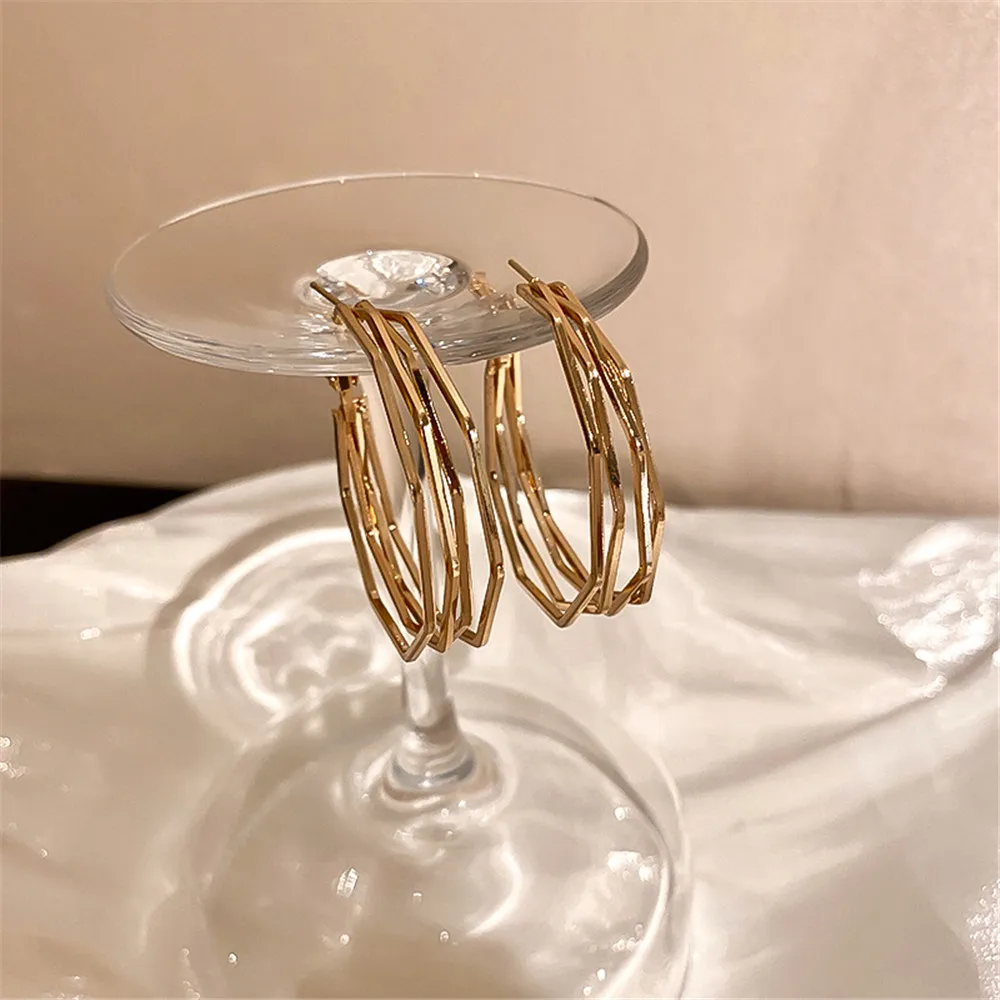 

European American Retro Geometric Polygon Earrings Simple Circle Metallic Hoop Earring Cold Personality Tide Earrings Women 2021