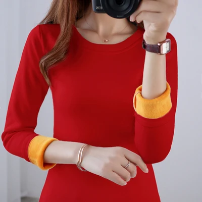 O-neck red Размера плюс M-4XL теплая дутая куртка золото бархатные Нижние рубашки Для женщин Зимняя кофта с длинными рукавами и высоким воротником Термальность формирующее белье боди, пижамный комплект - Цвет: O-neck red