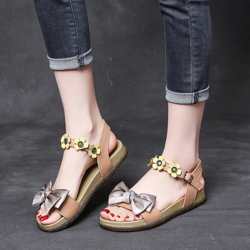 

Women Leather Sandals Flat Heels Soft Summer Shoes for Women Handmade Genuine Leather Women Sandals Flower Plus Size Brand Shoes