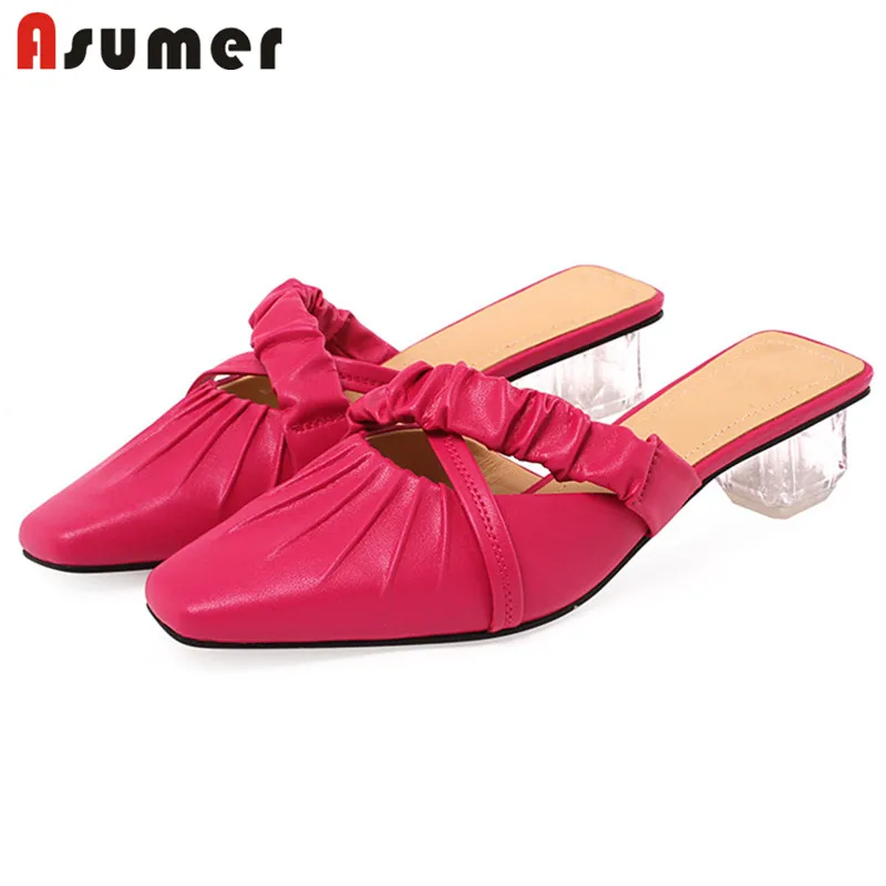 

Asumer 2021 Top Quality Genuine Leather Shoes Women Slipper Square Toe Pleated Crystal High Heels Fashion Summer Slipper Woman