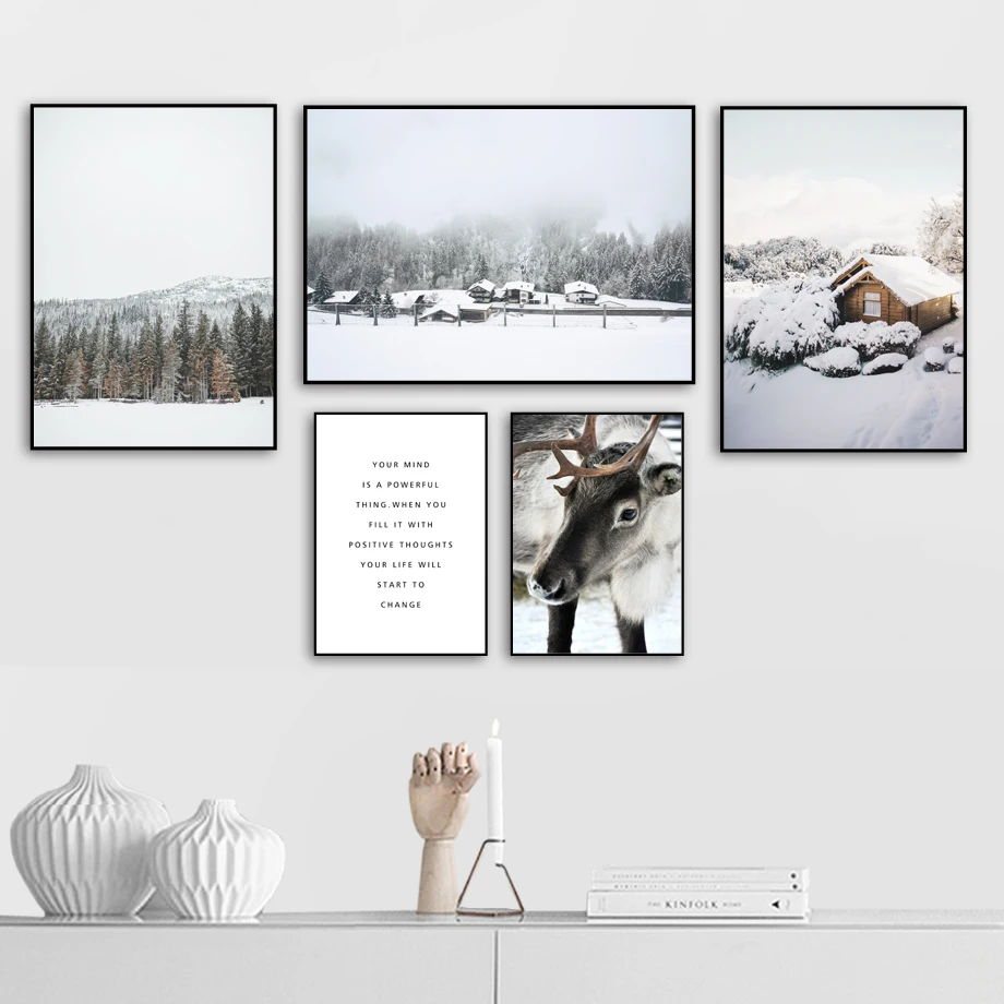Alps Snow Mountain Deer Pine Forest настенная Картина на холсте скандинавские постеры и принты