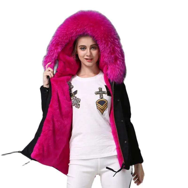 Mhnkro New Arrival Black Hot Pink Color Thickness Remove Lining Short Style Witer Mrs Christmas Furs Jacket With Collar