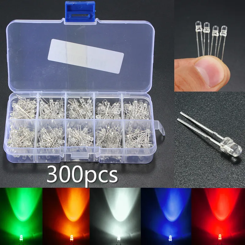 

300pcs LED assorted kit 5mm 3mm LED lights mixed colors white yellow red green blue