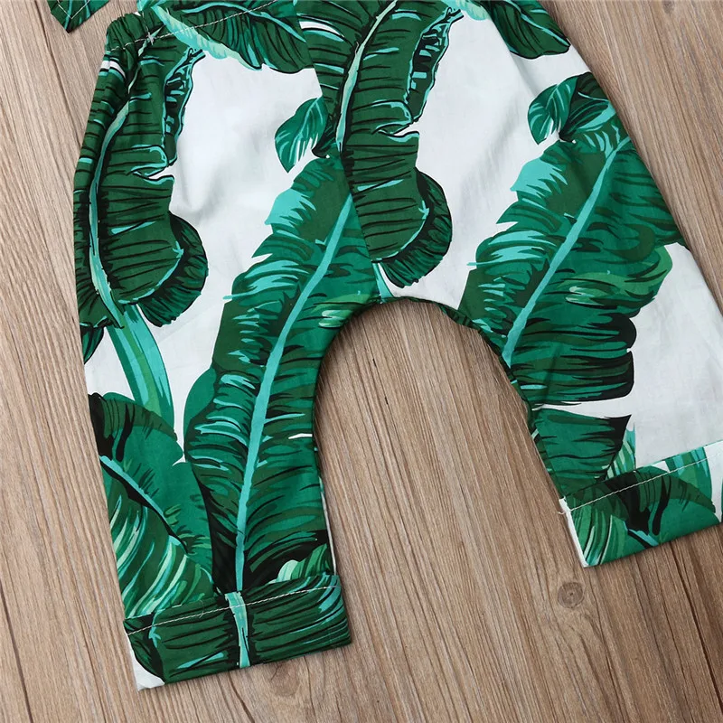 2pcs Baby Rompers Set Sleeveless Green Leaves Print Girls Outfits Toddler Hair Accessories Clothes | Детская одежда и обувь