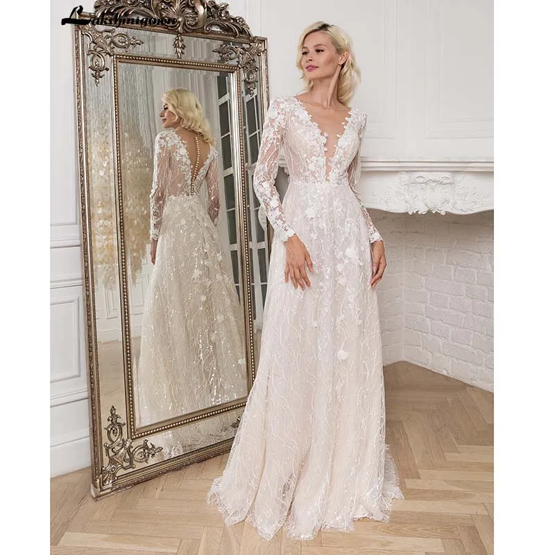 Свадебное платье с длинным рукавом 2020 Robe de mariee винтажные кружевные блестящие