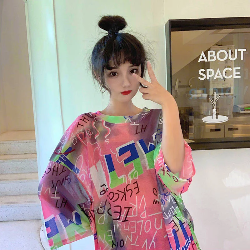 

Hip hop t shirt women gothic kawaii ulzzang harajuku female tees shirt womens clothes O-neck print Oversize Loose streetwear