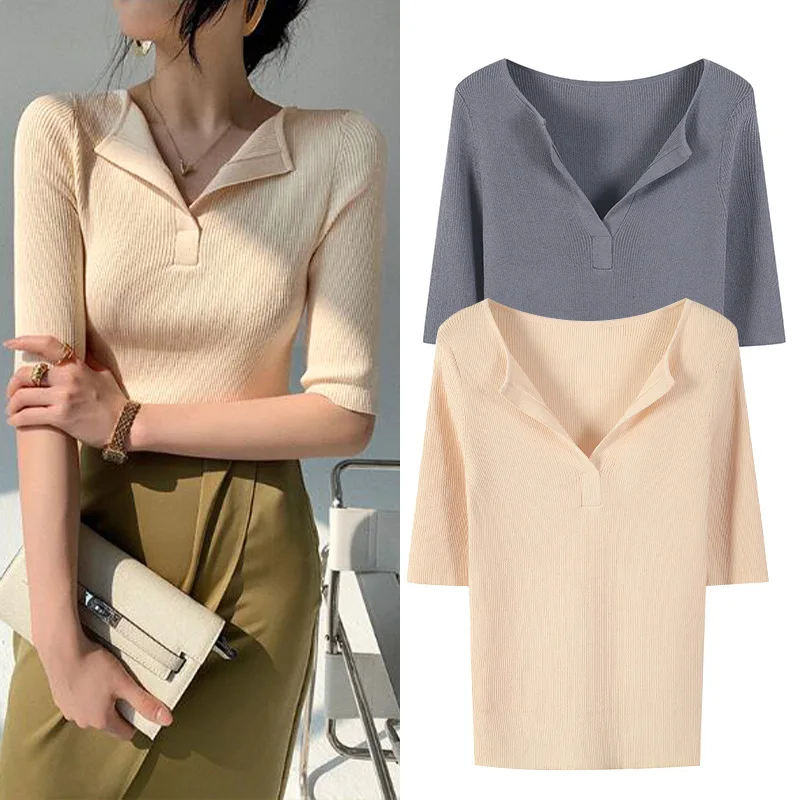 

2021 summer new style fashion mid-sleeve solid color top pointed V lapel slim slimming outer wear top women's knit sweater