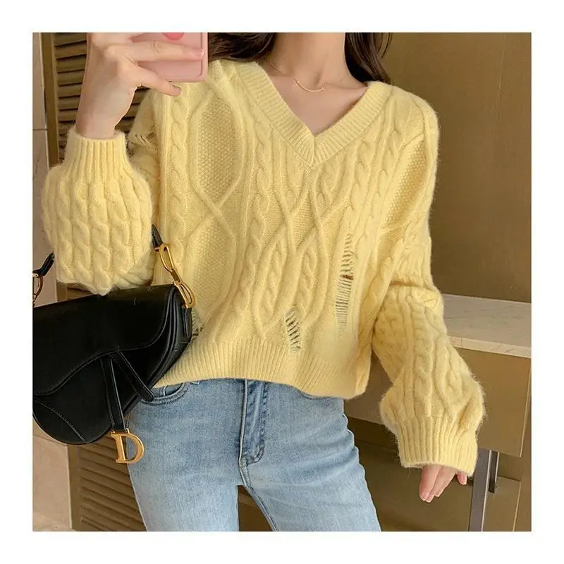 

Женский короткий свитер с V-образным вырезом, облегающий пуловер с длинным рукавом, повседневный трикотажный теплый джемпер, P196, Осень-зима ...