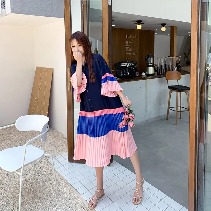 

Korean Style Long Shirt Dress Women Summer 2020 Oversize Office Lady Buttons Patchwork Colour Block Pleated Hem and Flare Sleeve