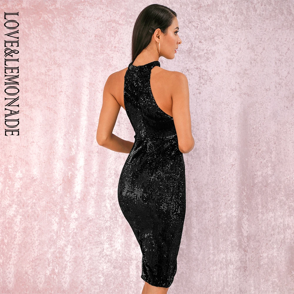 Женское платье с лямкой на шее LOVE & LEMONADE черное облегающее эластичное вечернее до