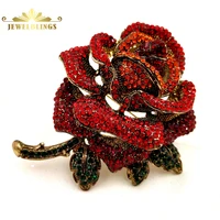 antique oversize full pave crystal rose flower brooch gold tone short stem green leaf blossom rose pins gift anniversary jewelry