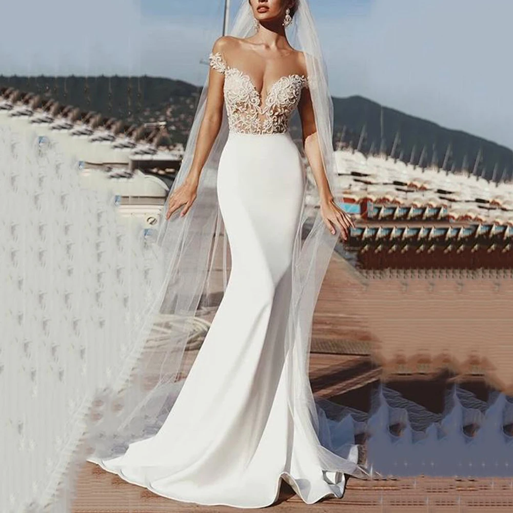 

Sexy Wedding Dresses Jersey Appliques Pleat V-Neck Off-Shoulder Zipper Mermaid Bridal Gowns Novia Do 2021 New Party