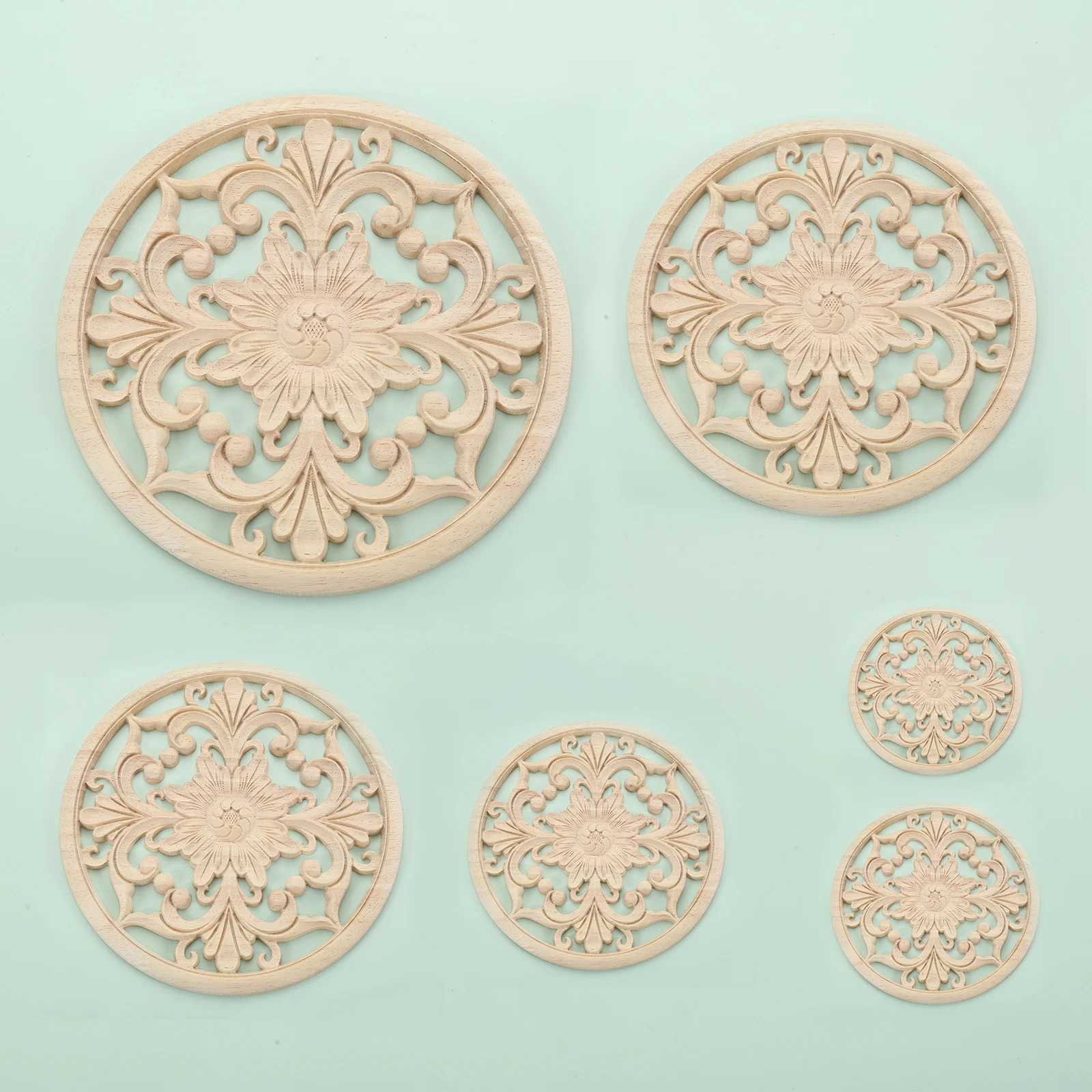 

1pc 10/12/15/20cm Round Wood Carved Decal Unpainted Applique Wooden Onlay Hollow Flower Branch Furniture Decor Door Heart Disc
