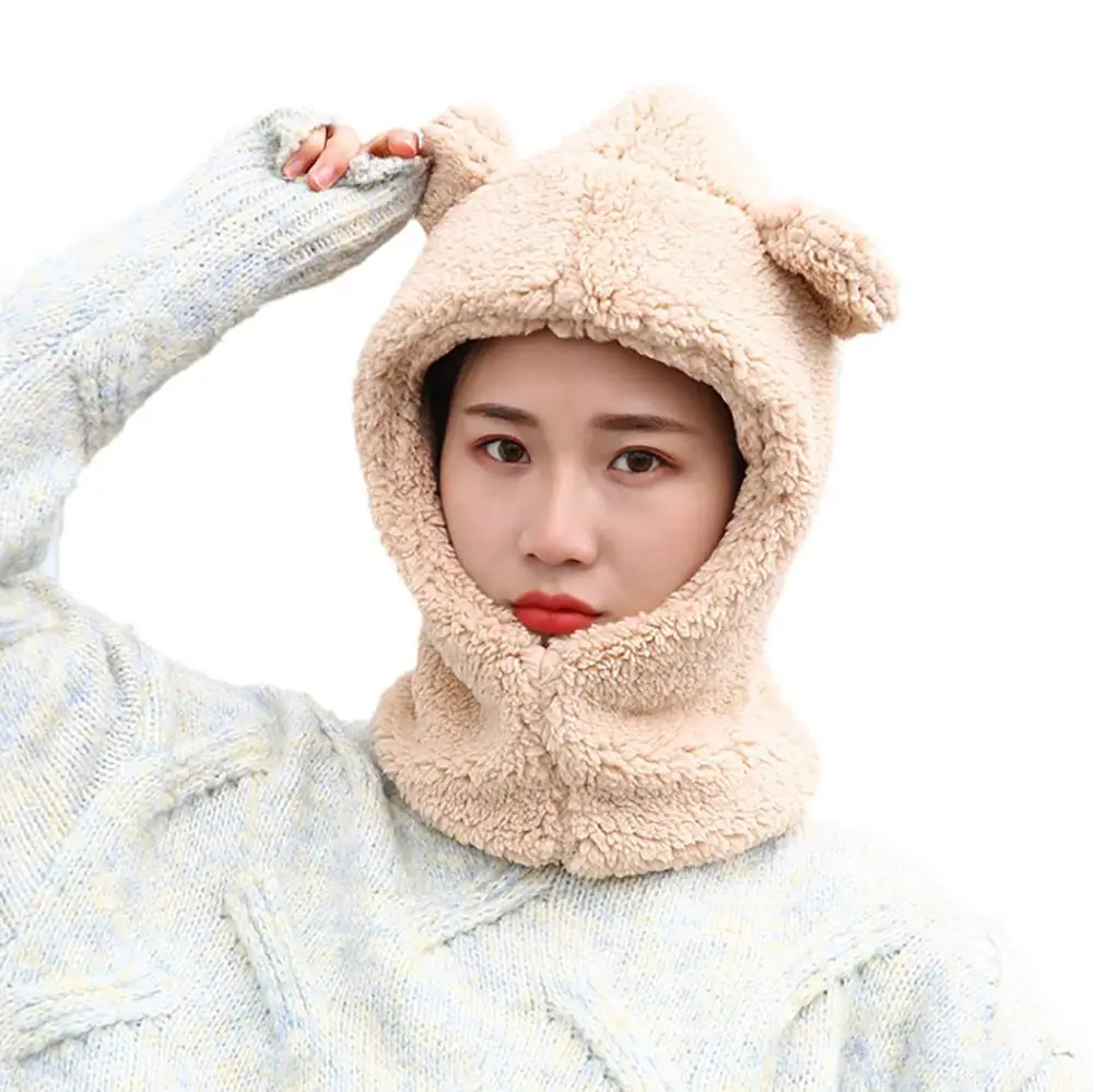 Шапка с медвежьими ушками шарф шапка однотонная женская защита для ушей из двух